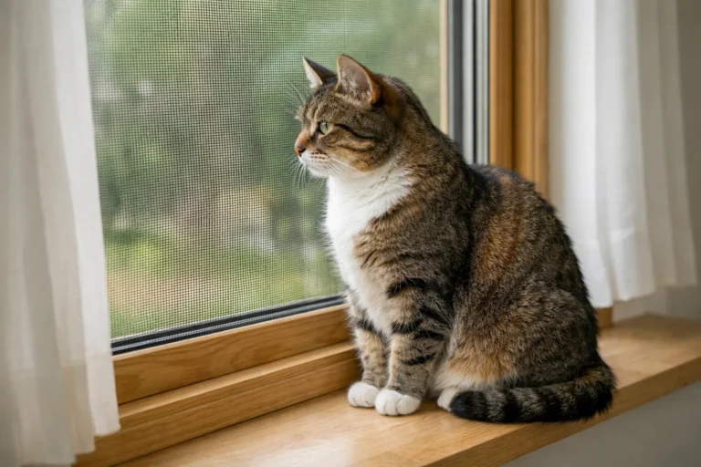 Un chat assis près d’une fenêtre dont la toile moustiquaire est tendue dans son cadre.