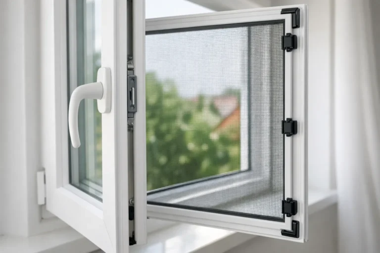 Fenêtre en PVC ouverte avec une moustiquaire amovible fixée sur le cadre.
