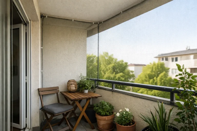 Balcon d’appartement fermé par une moustiquaire fixée entre le mur, le plafond et le garde-corps.