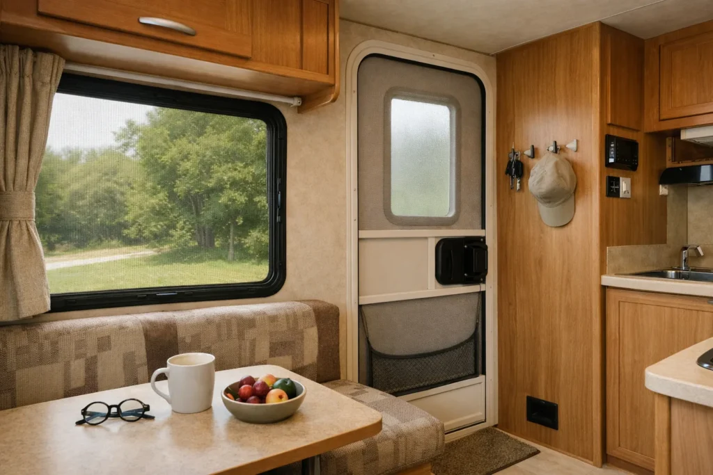 Fenêtre d’un camping-car équipée d’une moustiquaire, avec l’aménagement intérieur visible autour du cadre.