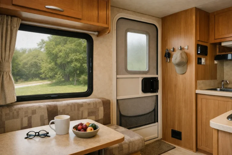 Fenêtre d’un camping-car équipée d’une moustiquaire, avec l’aménagement intérieur visible autour du cadre.