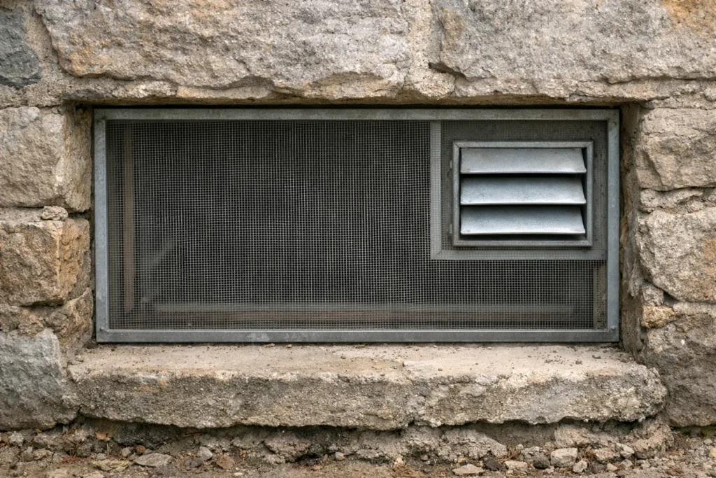 Fenêtre de cave protégée par un panneau moustiquaire, avec une grille d’aération laissée libre à côté.