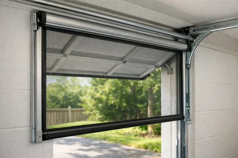 Fenêtre de garage ouverte avec une moustiquaire fixée sur son cadre.