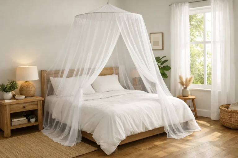 Moustiquaire suspendue au-dessus d’un lit double dans une chambre lumineuse.