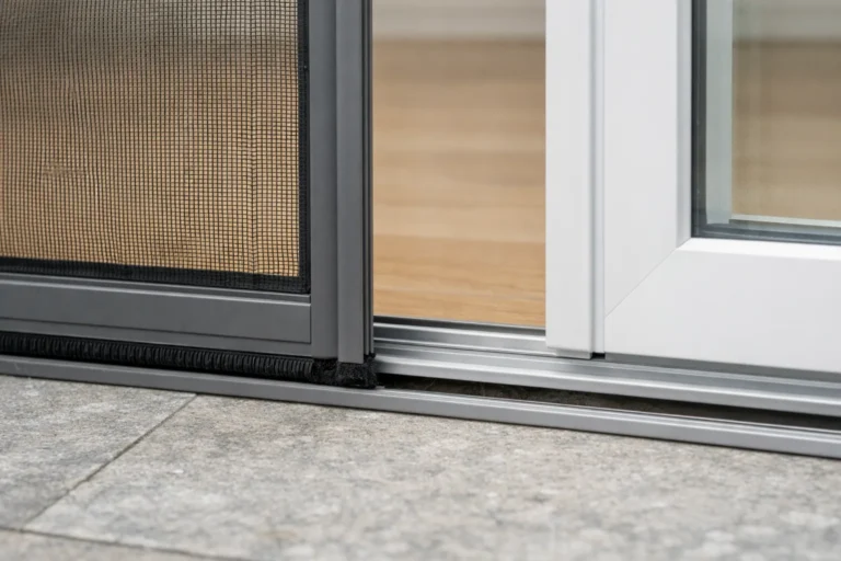 Bas d’une moustiquaire de porte laissant un petit espace au-dessus du seuil.