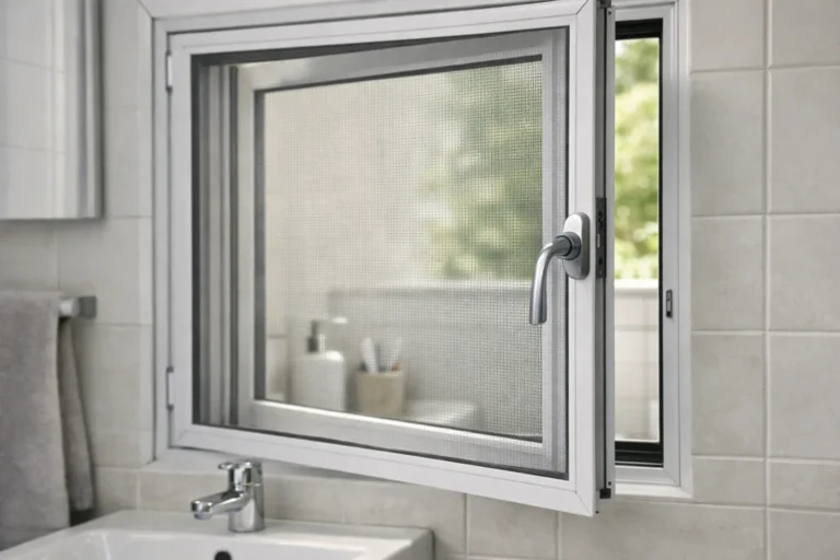 Fenêtre de salle de bains entrouverte avec une moustiquaire fixée dans son cadre et un lavabo visible en arrière-plan.