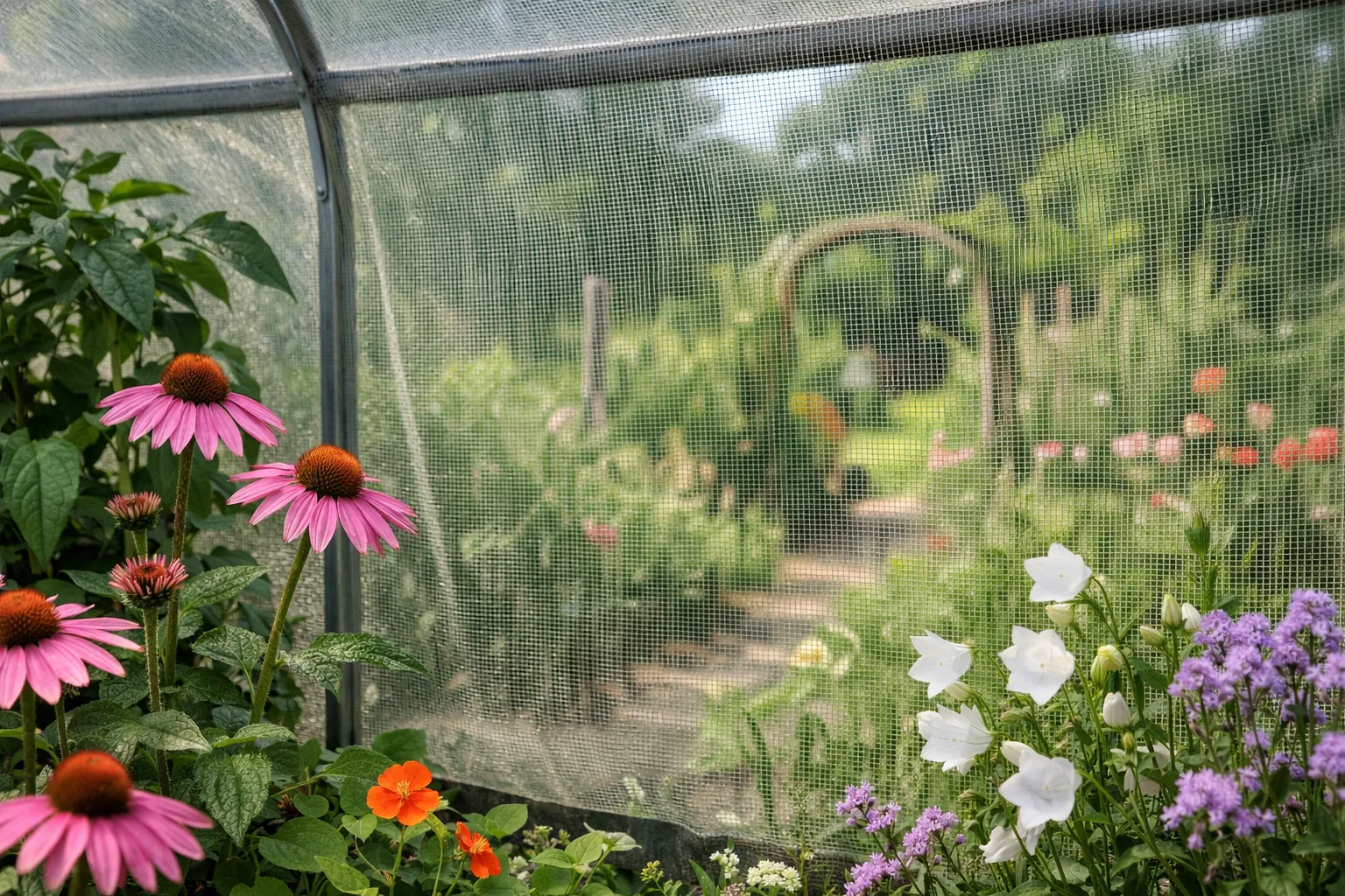 Plantes fleuries dans une serre derrière une toile anti-insectes, avec le jardin visible au-delà du panneau.
