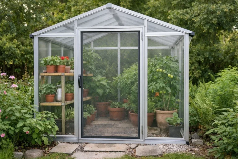 Porte d’une serre de jardin fermée par une toile anti-insectes, avec des plantes visibles à l’intérieur.