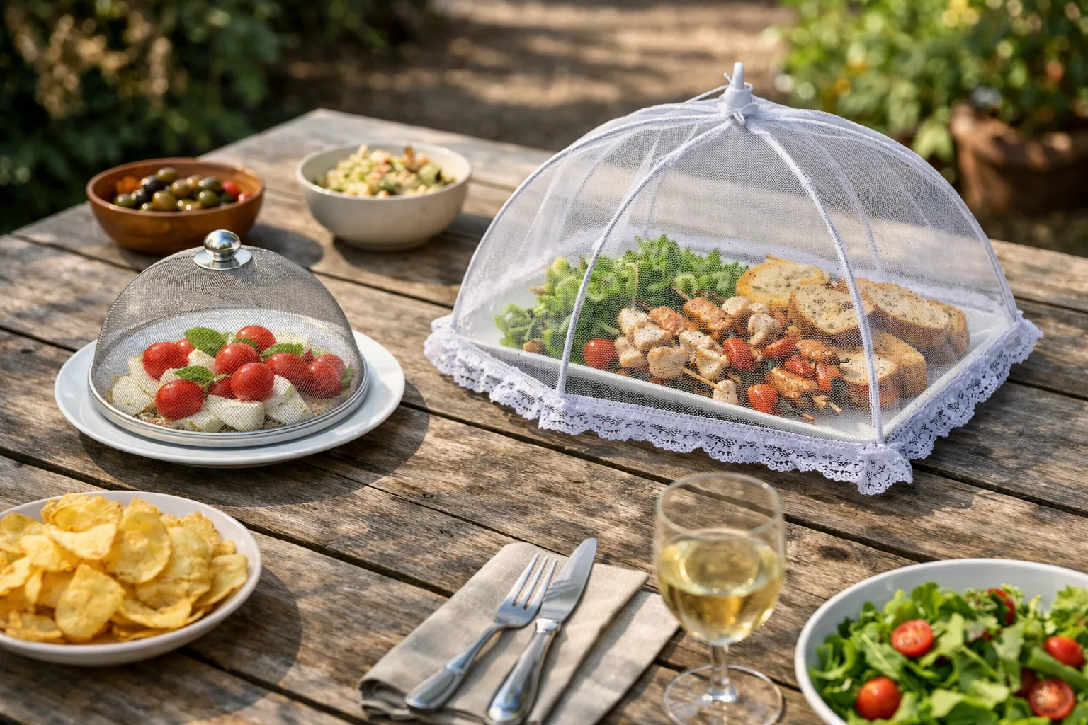 Deux protections en toile fine, un petit dôme et une couverture plus haute, sont posées sur des plats distincts.