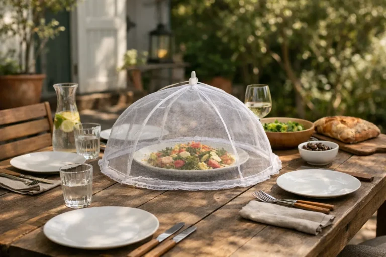Un dôme en toile fine couvre un plat posé au centre d’une table de jardin dressée.