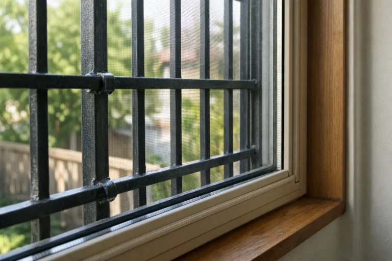 Fenêtre avec des barreaux métalliques et une moustiquaire fixée côté intérieur sur le cadre.