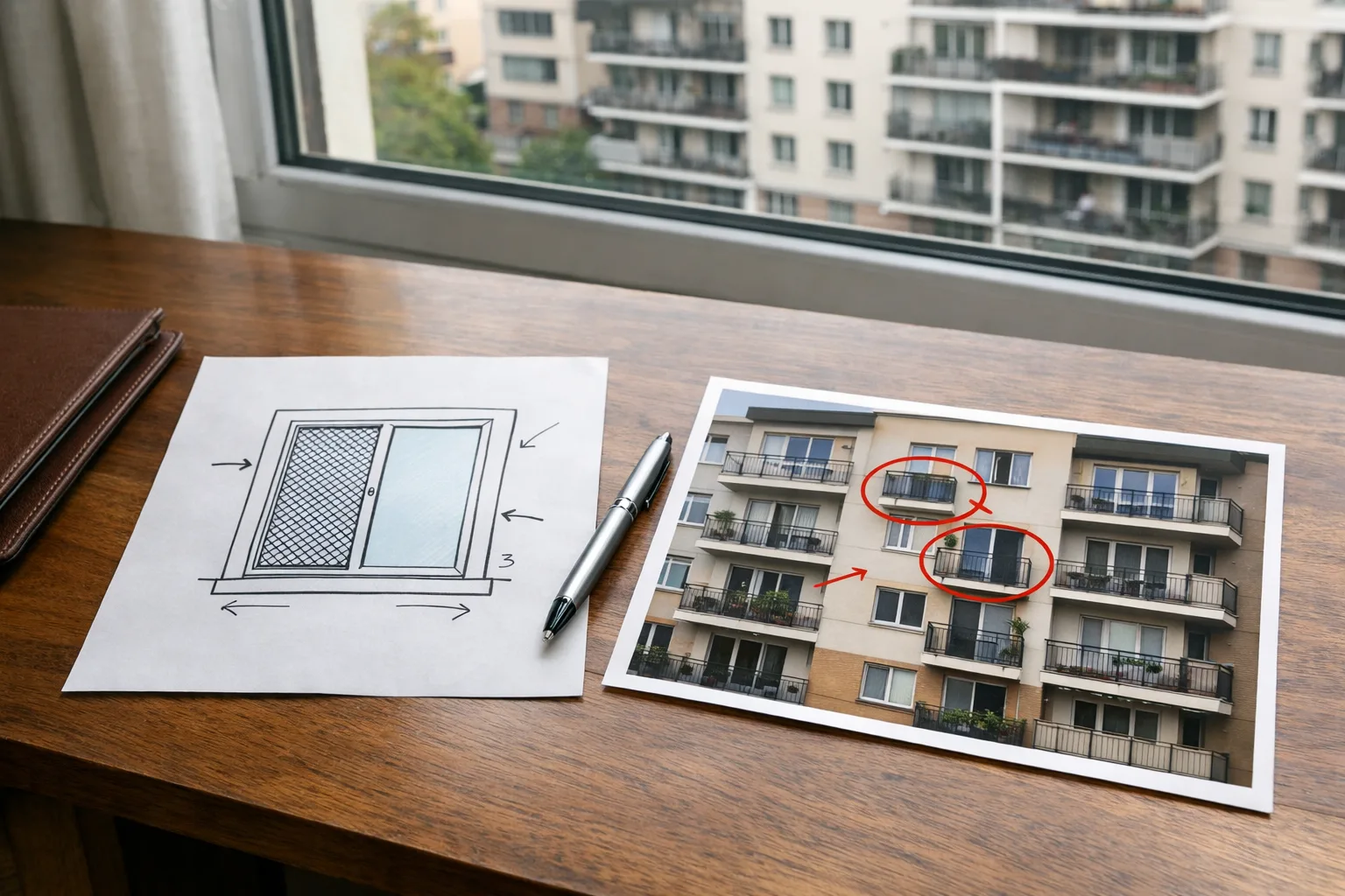 Schéma de fenêtre et photo de façade préparés pour examiner l’installation d’une moustiquaire en copropriété.