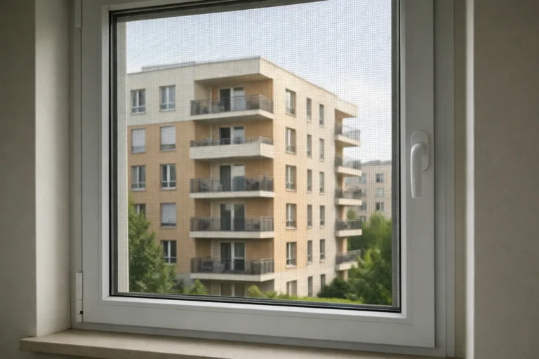 Fenêtre d’appartement équipée d’une moustiquaire dans son ouverture, avec la façade d’un immeuble visible au-dehors.
