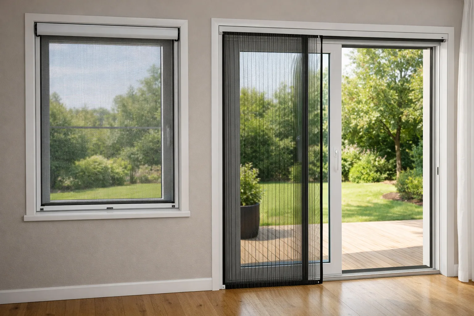 Moustiquaire enroulable sur une fenêtre et moustiquaire de passage sur une porte-fenêtre.