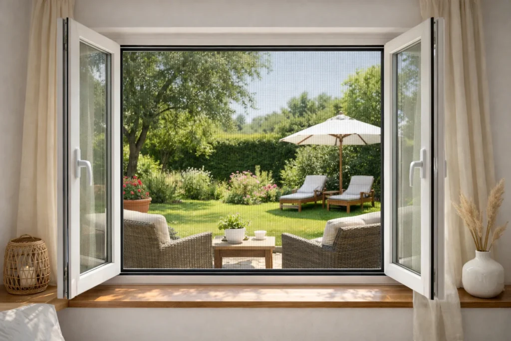 Fenêtre d’un logement de vacances ouverte sur un jardin, avec une moustiquaire ajustée au cadre.