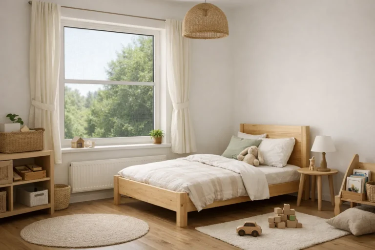 Fenêtre équipée d’une moustiquaire dans une chambre d’enfant avec le lit placé à distance du cadre.