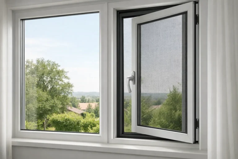 Fenêtre composée d’un panneau fixe et d’un vantail ouvrant protégé par une moustiquaire.