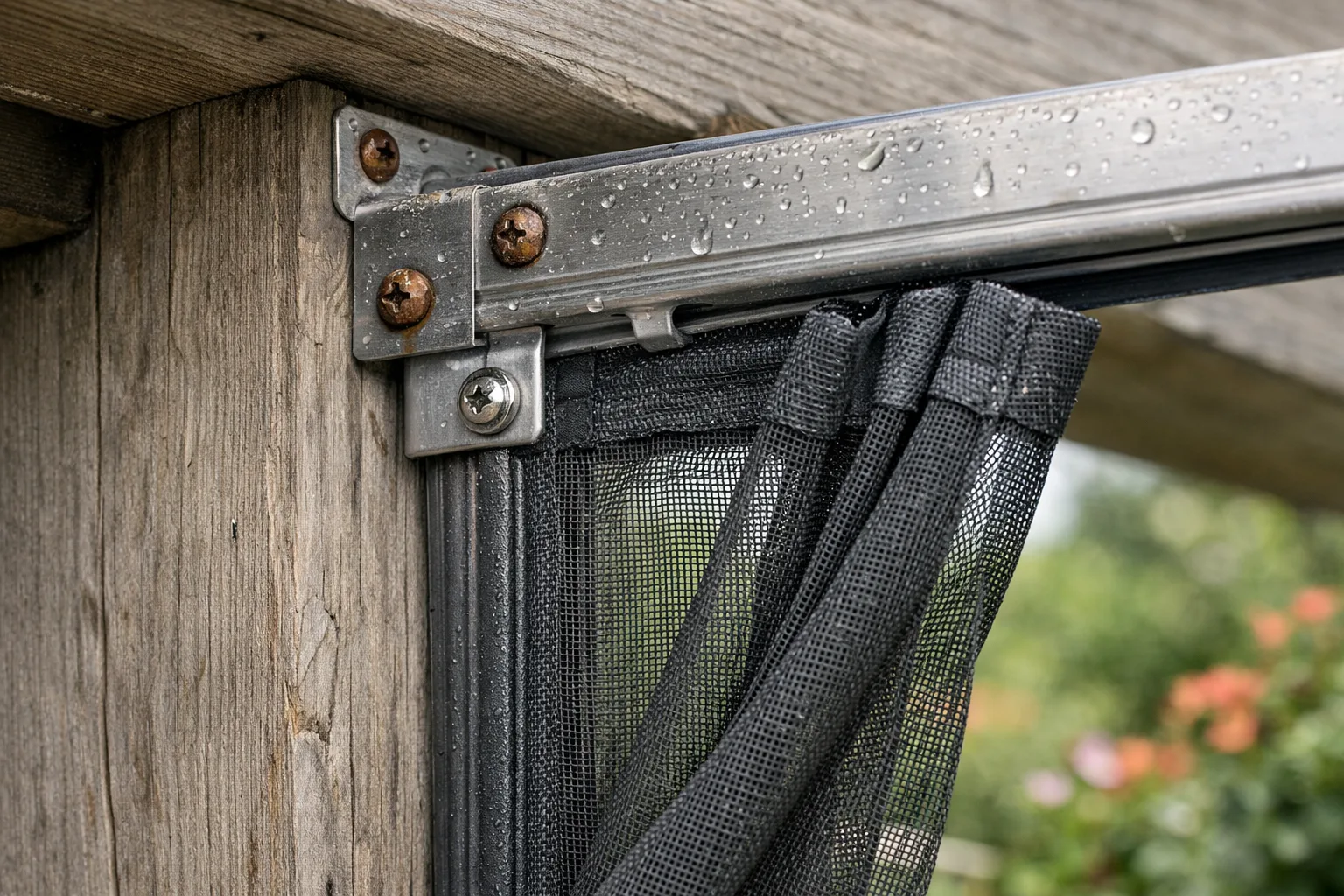 Rail de moustiquaire fixé à la poutre et au poteau d’une pergola de jardin.