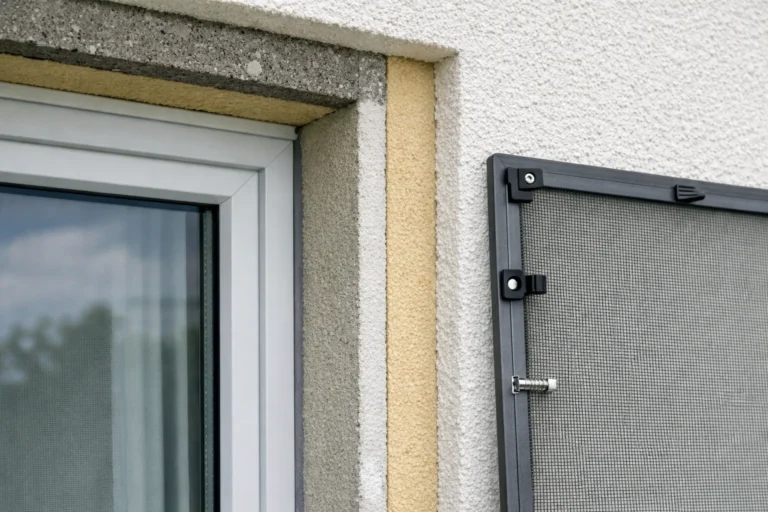 Fenêtre encadrée par une façade isolée, avec une moustiquaire en cadre placée près du tableau.
