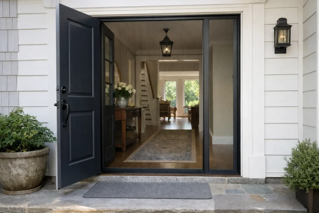 Porte d’entrée ouverte équipée d’un écran anti-insectes et donnant sur un seuil dégagé.