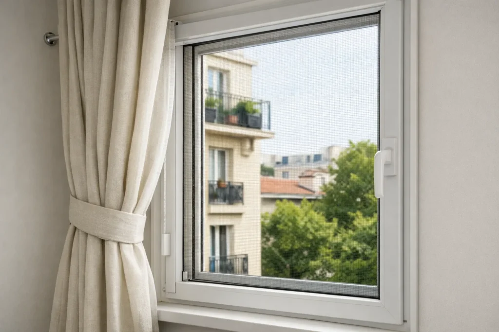 Fenêtre équipée d’une moustiquaire avec un rideau repoussé sur le côté.